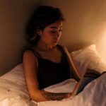 woman reading a book in bed under a tungsten light glow