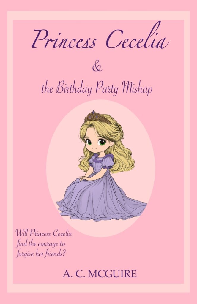 pink book cover with purple title and a picture of a princess with a purple dress. A kids book cover for girls who love princesses