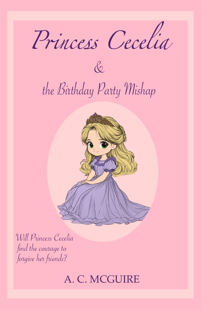 pink book cover with purple title and a picture of a princess with a purple dress. A kids book cover for girls who love princesses