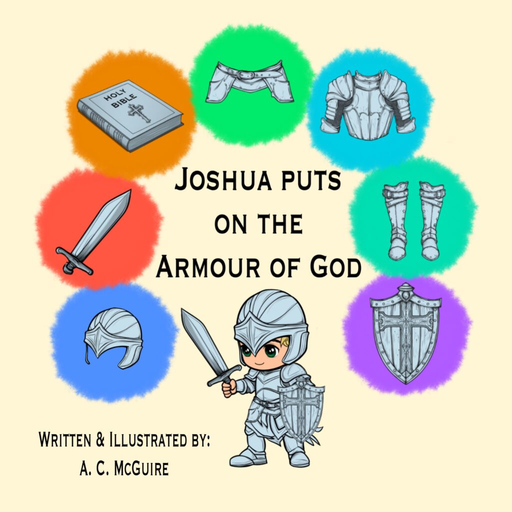 cartoon boy in armour with the armour of god around him in a circle-helmet,sword,bible,belt,breastplate,boots,shield