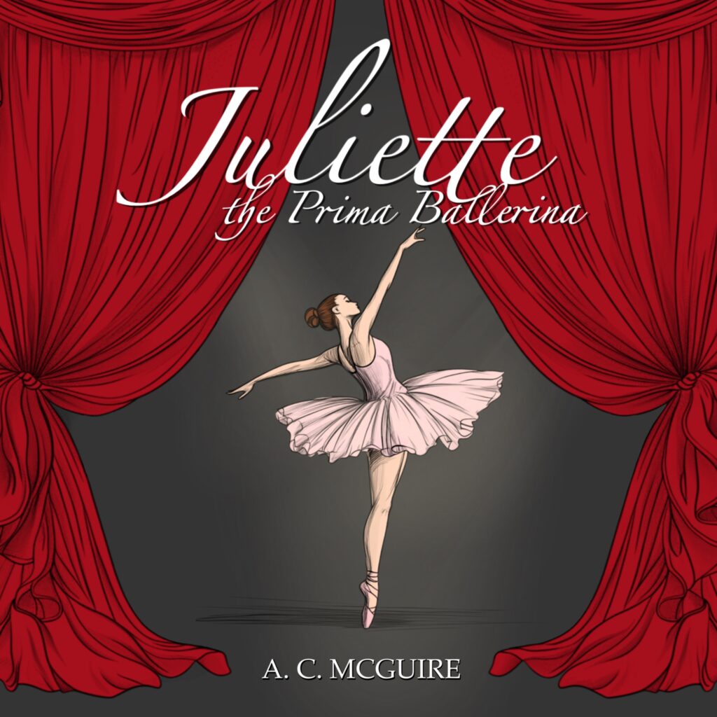 ballerina dancing in center of stage with red curtains drawn back