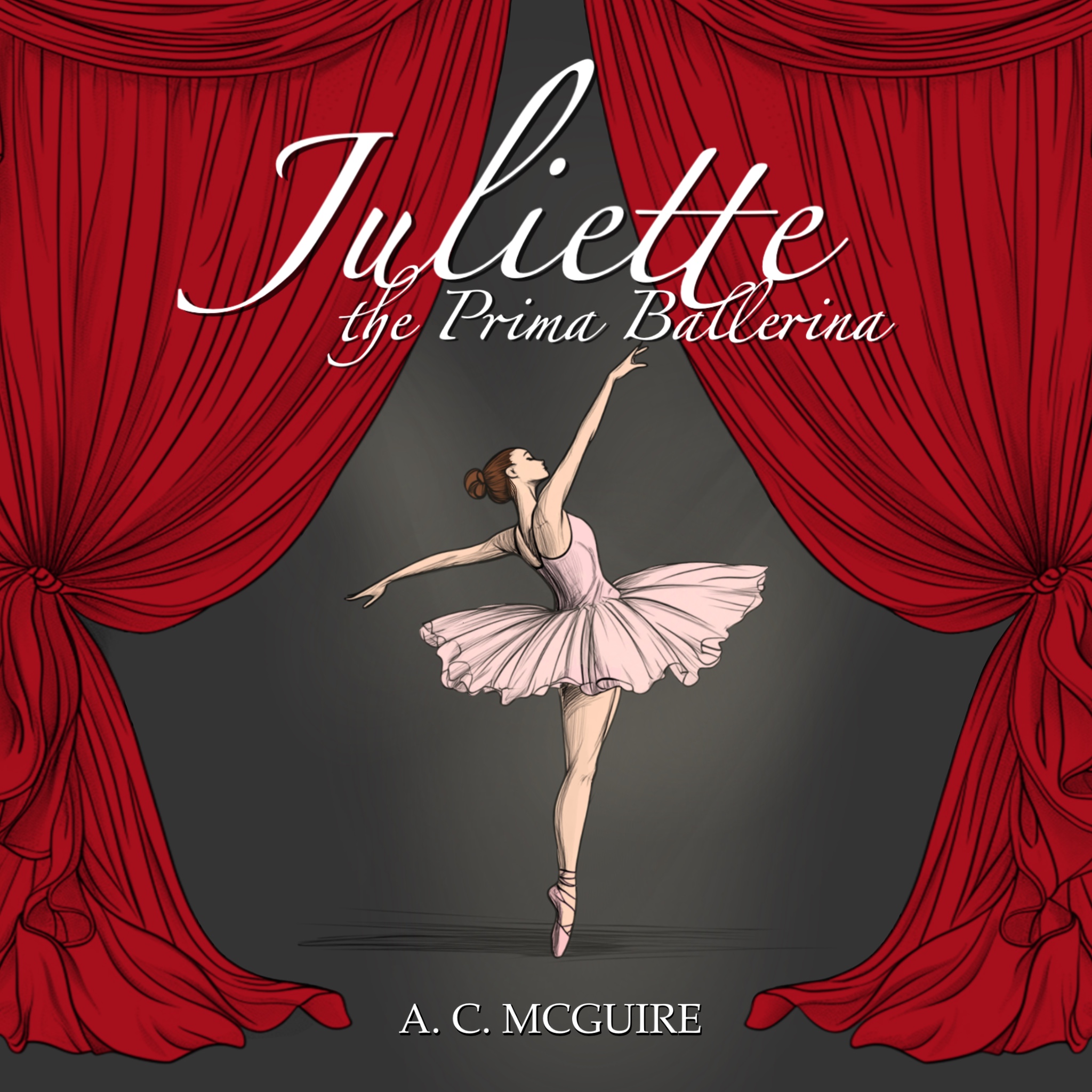 ballerina dancing in center of stage with red curtains drawn back